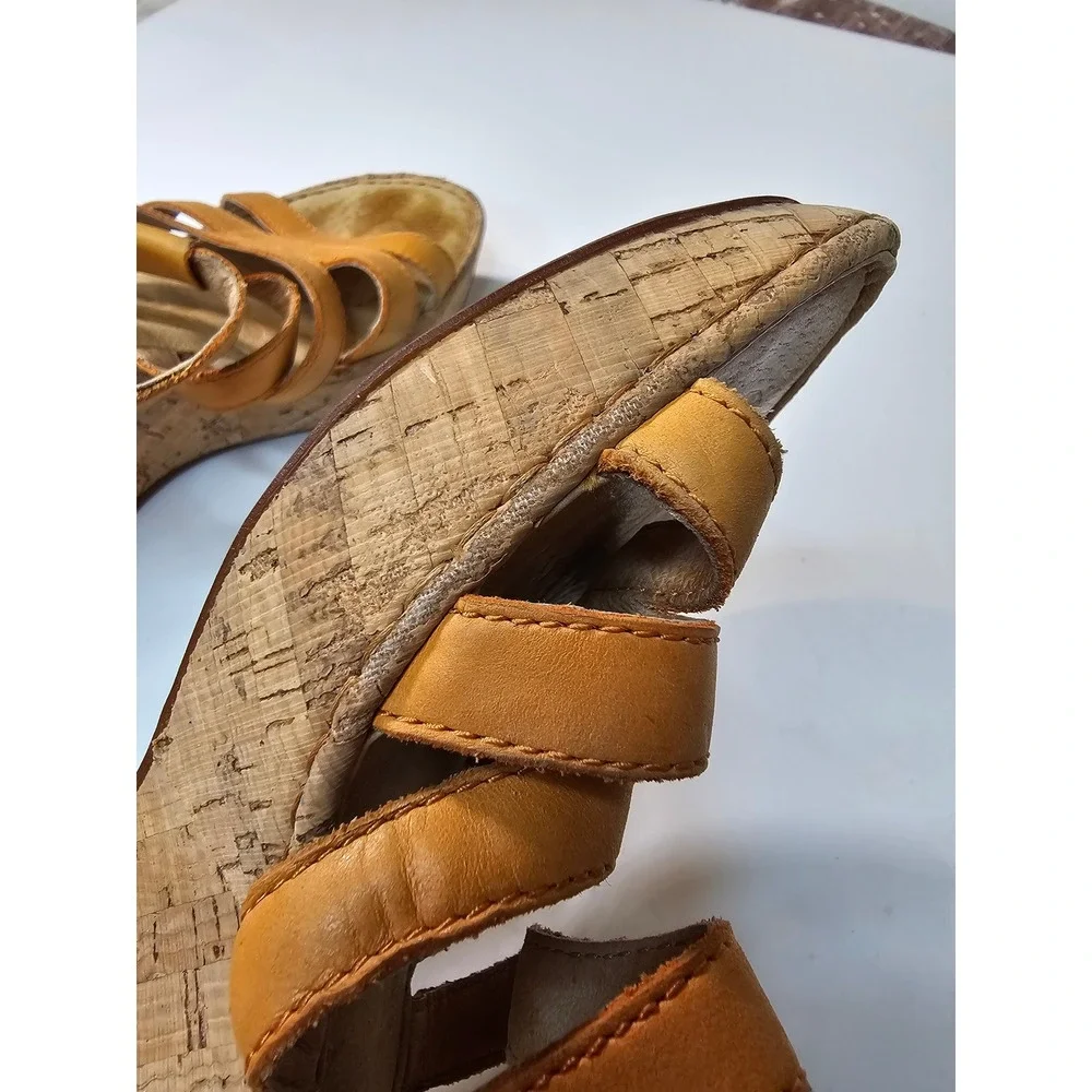 Born Mustard Yellow color Leather Cork Strappy Wedge Sandals Womens 8